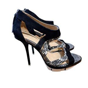 L.A.M.B  Snake Skin Black Leather Strappy‎ Platform Sillito Heels 6.5